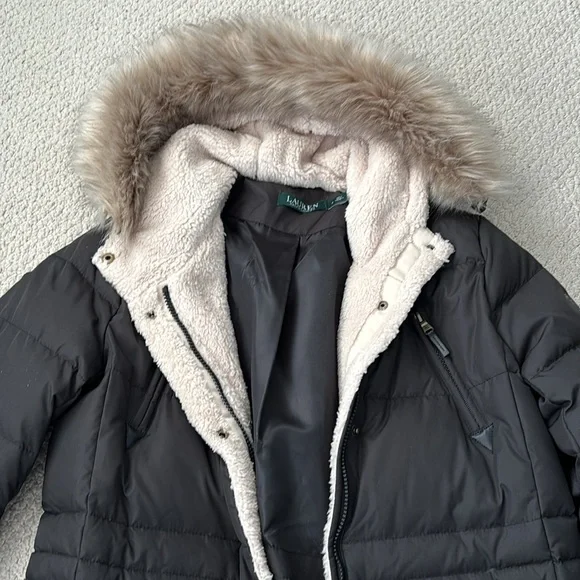 Ralph Lauren Black Women's Puffer Jacket Faux Fur Hood Sz S Small $340 - Picture 2 of 8